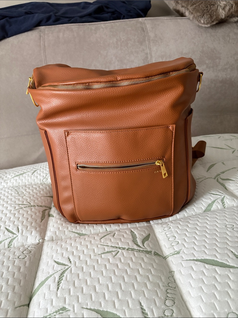 Fawn Pebbled Faux Leather diaper Backpack with Front Zip Pocket